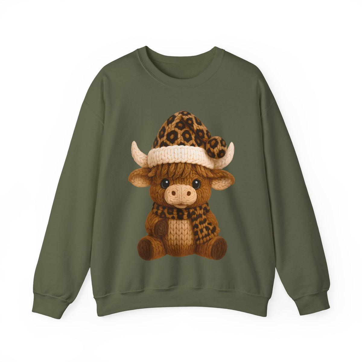 Cute Highland Cow with Leopard Santa Hat Christmas – Gildan Heavy Blend | Trendy Women’s Soft Sweatshirt. Direct to Garment. Printed & Shipped in the USA. Unisex Sizes.