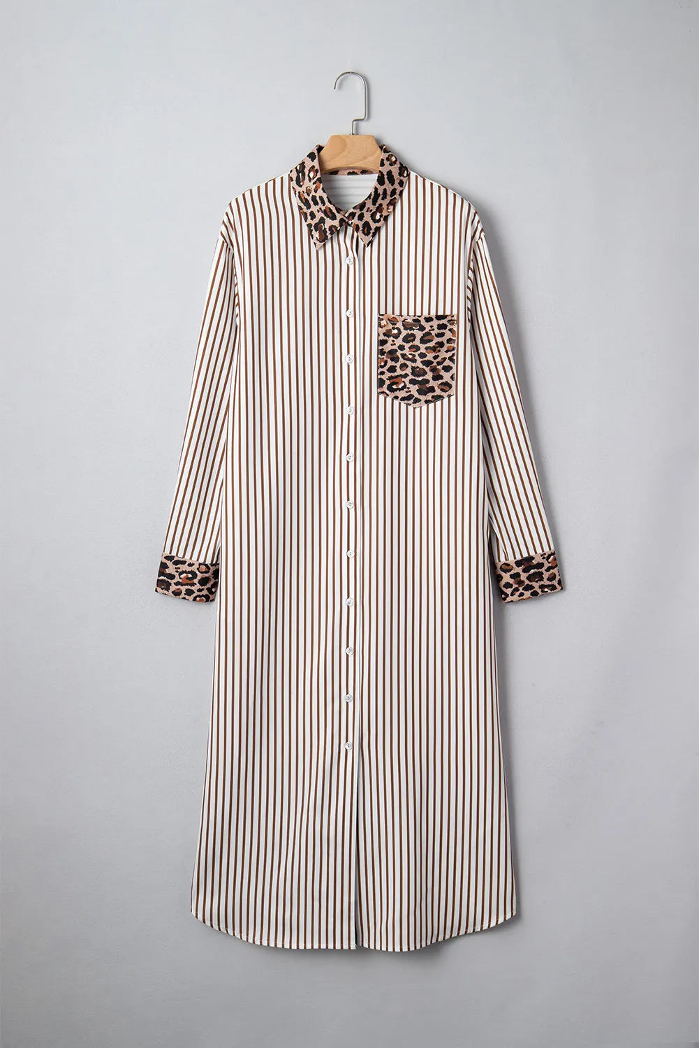 Brown & White Striped and Leopard Print Shirt Dress with Pockets