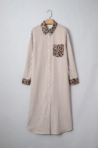Brown & White Striped and Leopard Print Shirt Dress with Pockets