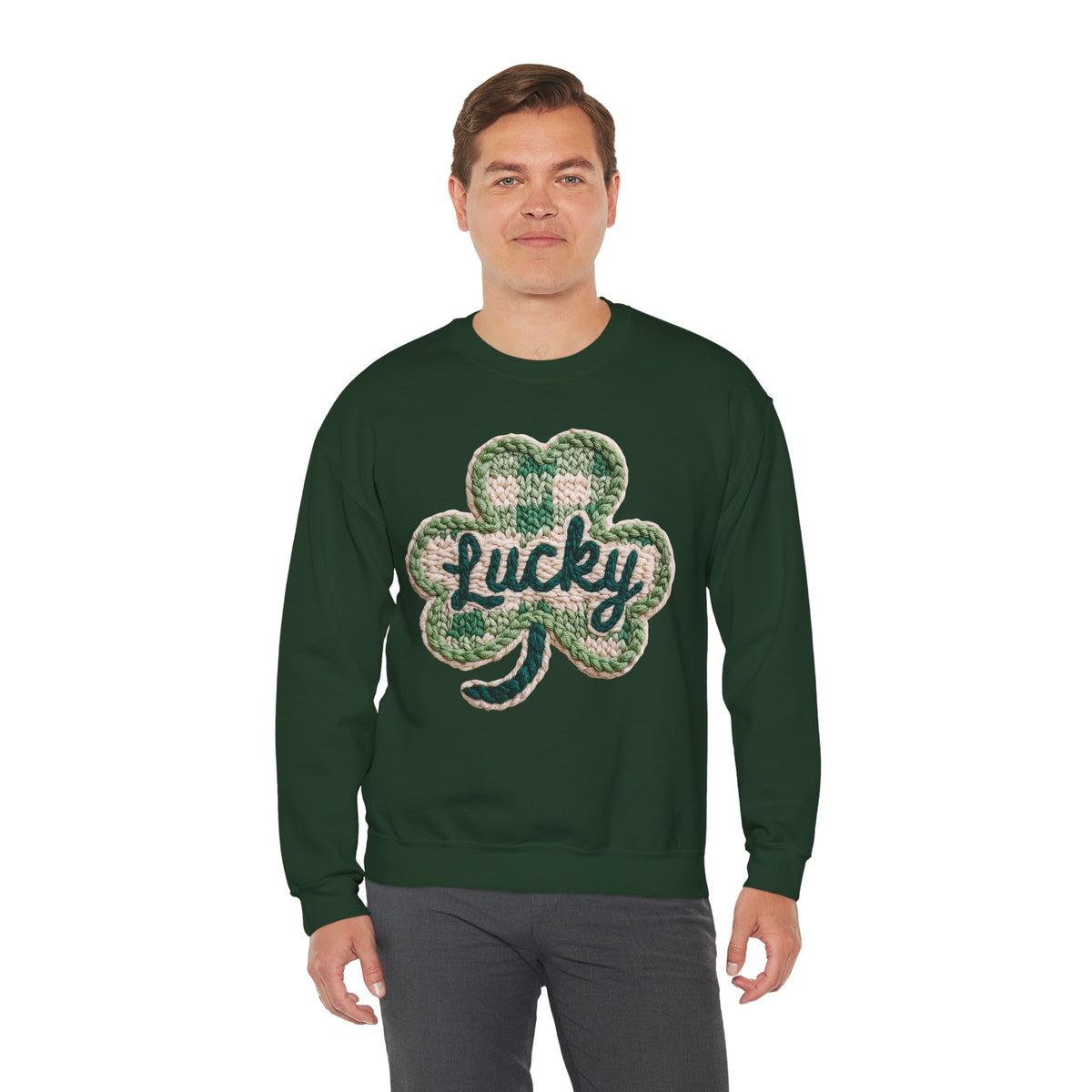 Lucky Shamrock Faux Knit – Gildan Heavy Blend | Trendy Men's and Women’s Soft Sweatshirt. Direct to Garment. Printed & Shipped in the USA. Unisex Sizes.