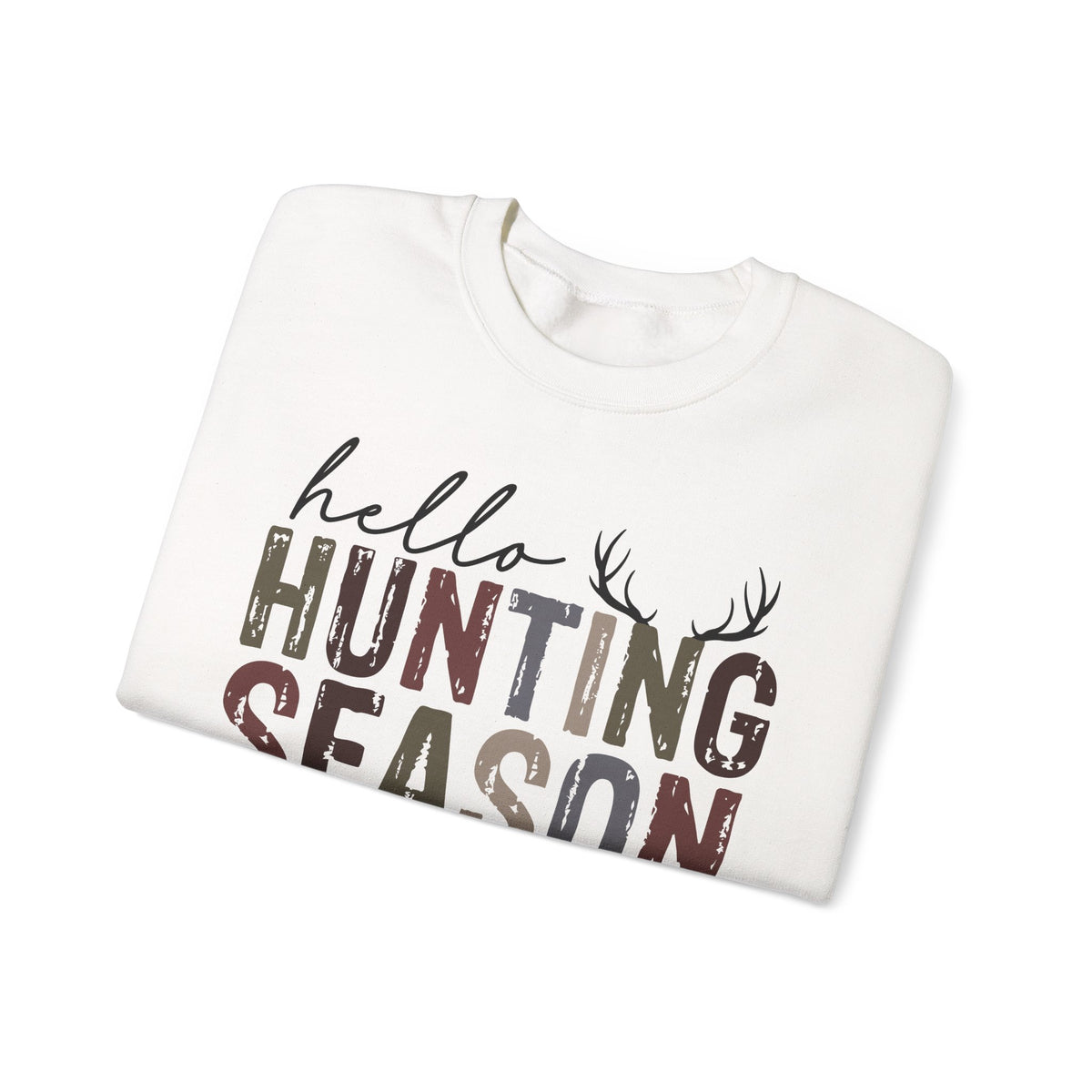 Hello Hunting Season Goodbye Husband Camouflage Wife – Gildan Heavy Blend | Trendy Women’s Soft Sweatshirt. Direct to Garment. Printed & Shipped in the USA. Unisex Sizes.