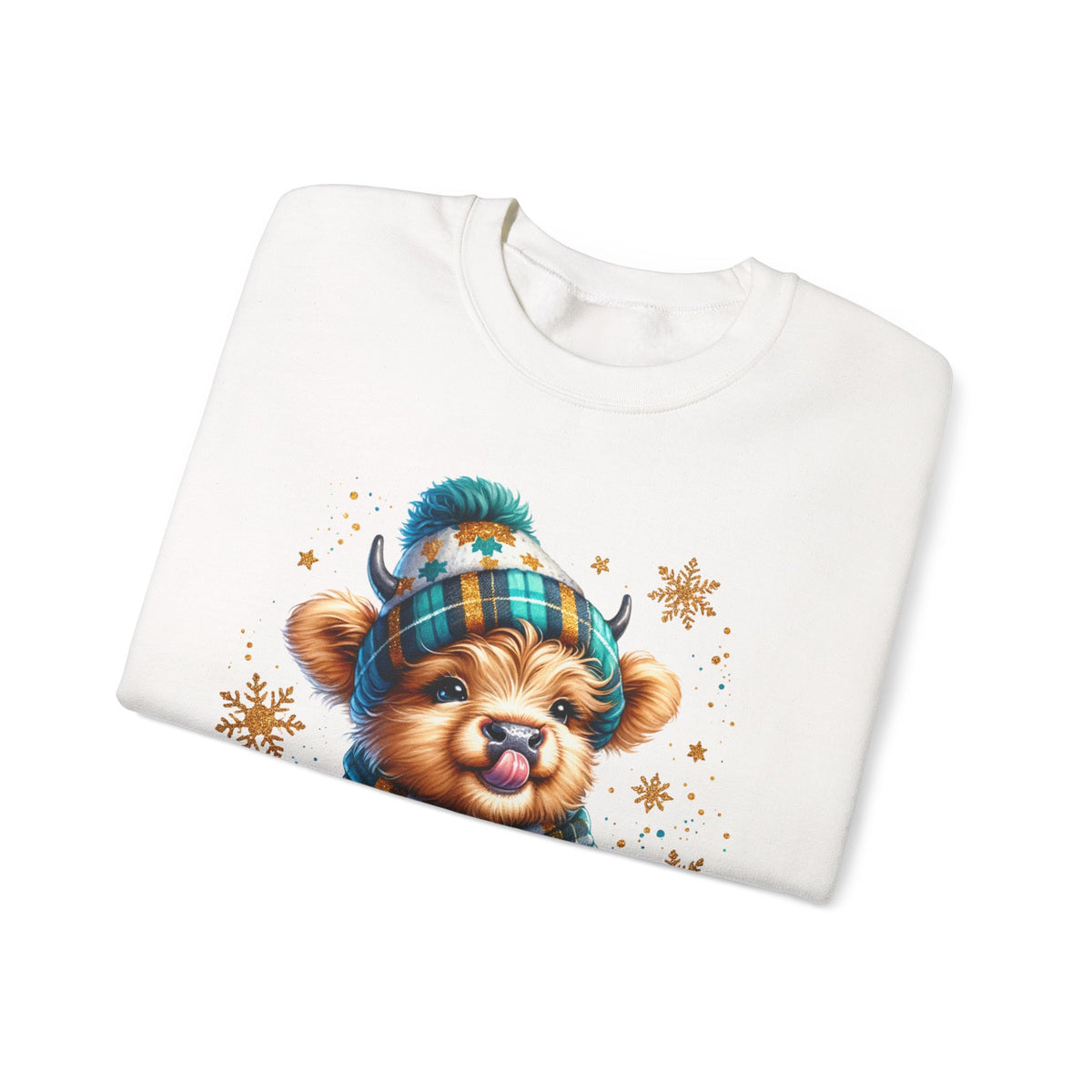 Winter Baby Highland Cow with Cocoa – Gildan Heavy Blend | Trendy Women’s Soft Sweatshirt. Direct to Garment. Printed & Shipped in the USA. Unisex Sizes.