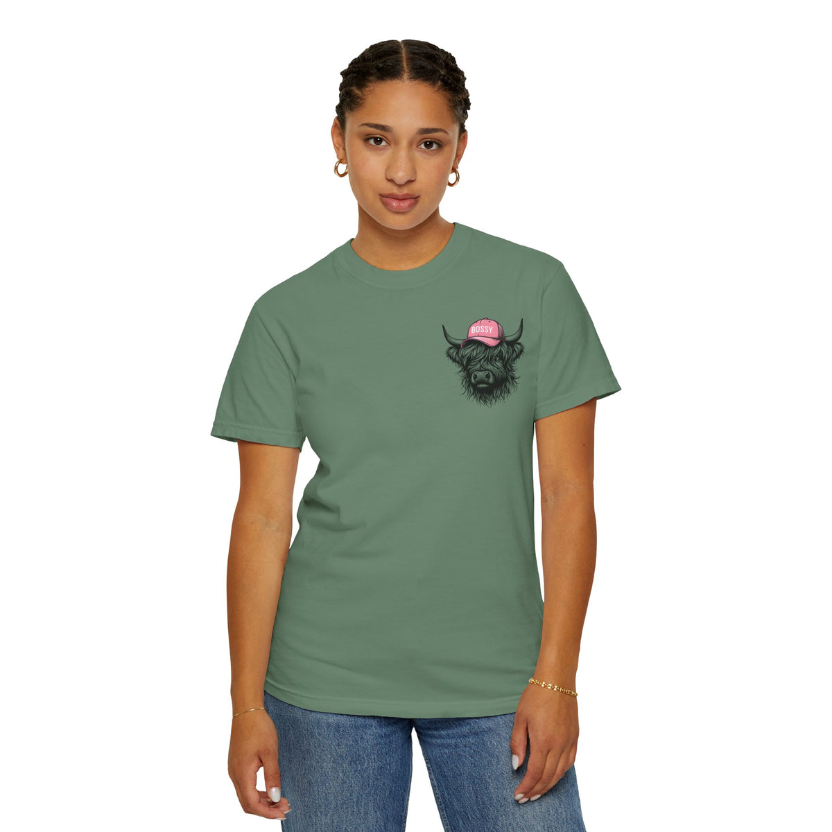 Head Heffa Highland Cow, Front & Back Print - Comfort Colors | Trendy Women's T-Shirt. Direct to Garment. Printed & Shipped in the USA. Unisex Sizes.