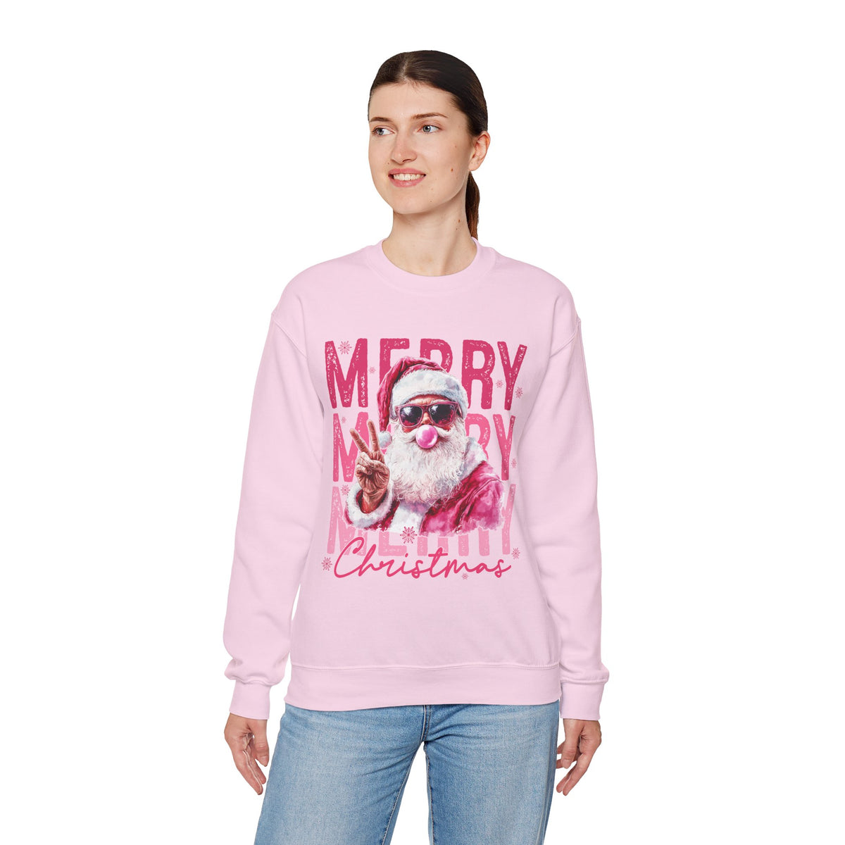 Pink Merry Christmas Bubblegum Santa – Gildan Heavy Blend | Trendy Women’s Soft Sweatshirt. Direct to Garment. Printed & Shipped in the USA. Unisex Sizes.