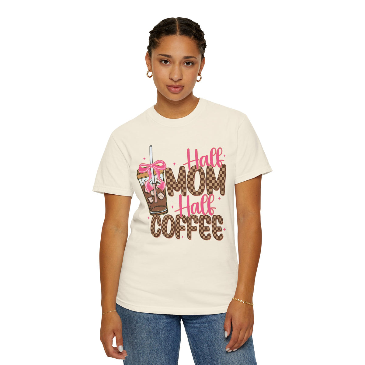 Half Mom Half Coffee. Cute Leopard Print Coffee Design - Comfort Colors | Trendy Women's T-Shirt. Direct to Garment. Printed & Shipped in the USA. Unisex Sizes.