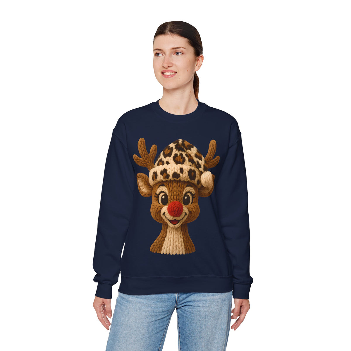 Rudolph Reindeer Leopard Santa Hat Christmas – Gildan Heavy Blend | Trendy Women’s Soft Sweatshirt. Direct to Garment. Printed & Shipped in the USA. Unisex Sizes.