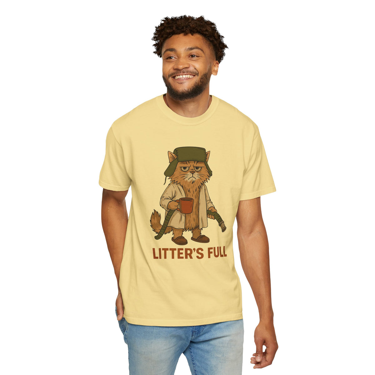Litter's Full, Funny Cat - Comfort Colors | Trendy Men's and Women's T-Shirt. Direct to Garment. Printed & Shipped in the USA. Unisex Sizes.