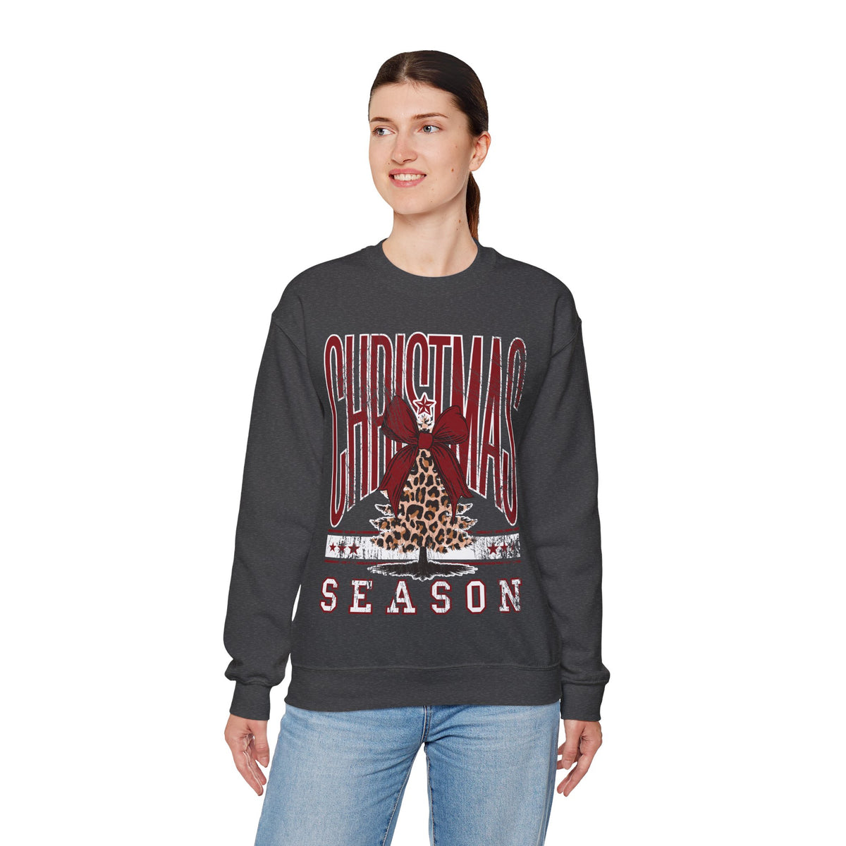 Christmas Season Leopard Tree Distressed – Gildan Heavy Blend | Trendy Women’s Soft Sweatshirt. Direct to Garment. Printed & Shipped in the USA. Unisex Sizes.