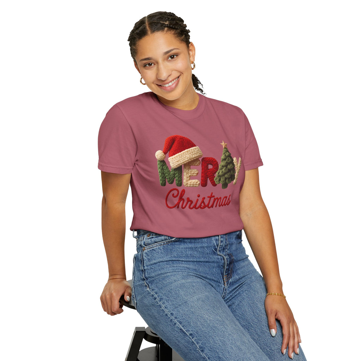 Merry Christmas Faux Yarn w/Santa Hat & Tree - Comfort Colors | Trendy Women's T-Shirt. Direct to Garment. Printed & Shipped in the USA. Unisex Sizes.