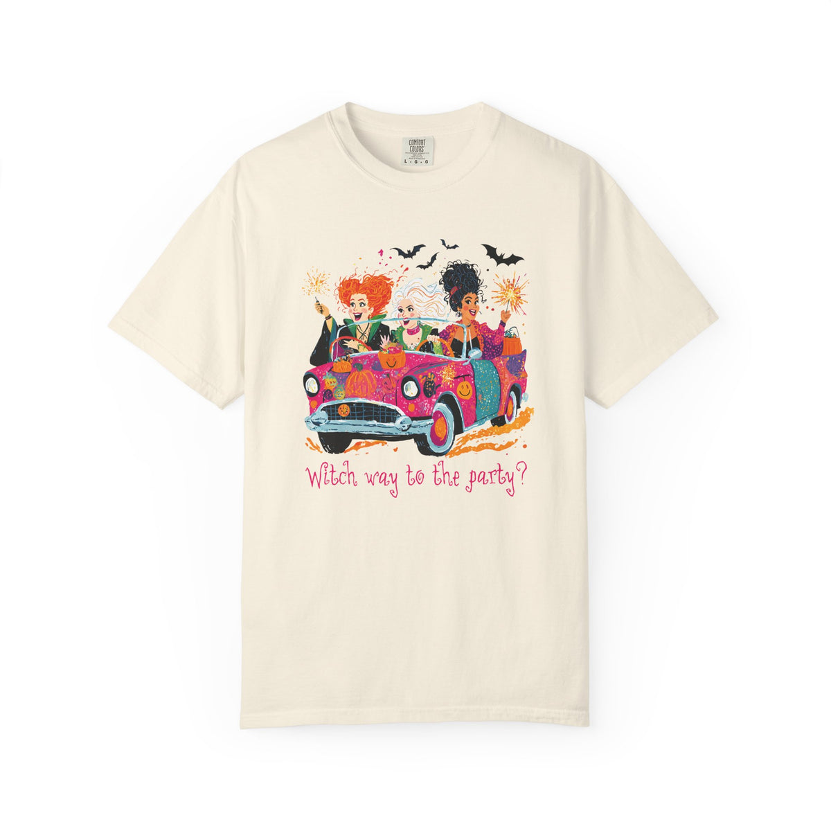 Witch Way to the Party? - Comfort Colors | Trendy Women's T-Shirt. Direct to Garment. Printed & Shipped in the USA. Unisex Sizes.