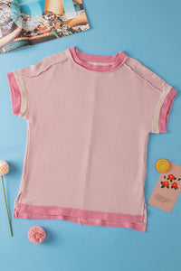 Light Pink Textured Contrast Trim Round Neck T Shirt