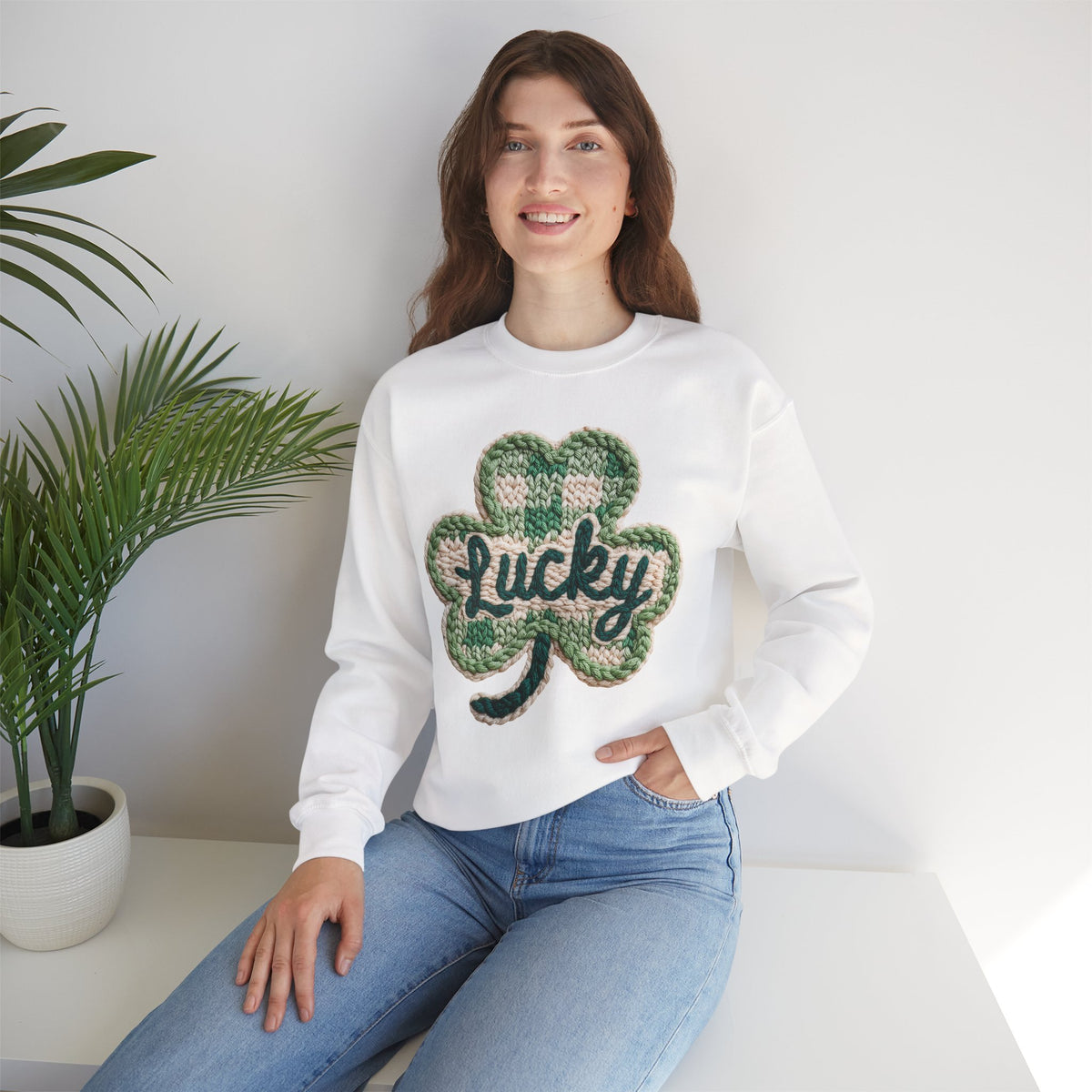 Lucky Shamrock Faux Knit – Gildan Heavy Blend | Trendy Men's and Women’s Soft Sweatshirt. Direct to Garment. Printed & Shipped in the USA. Unisex Sizes.