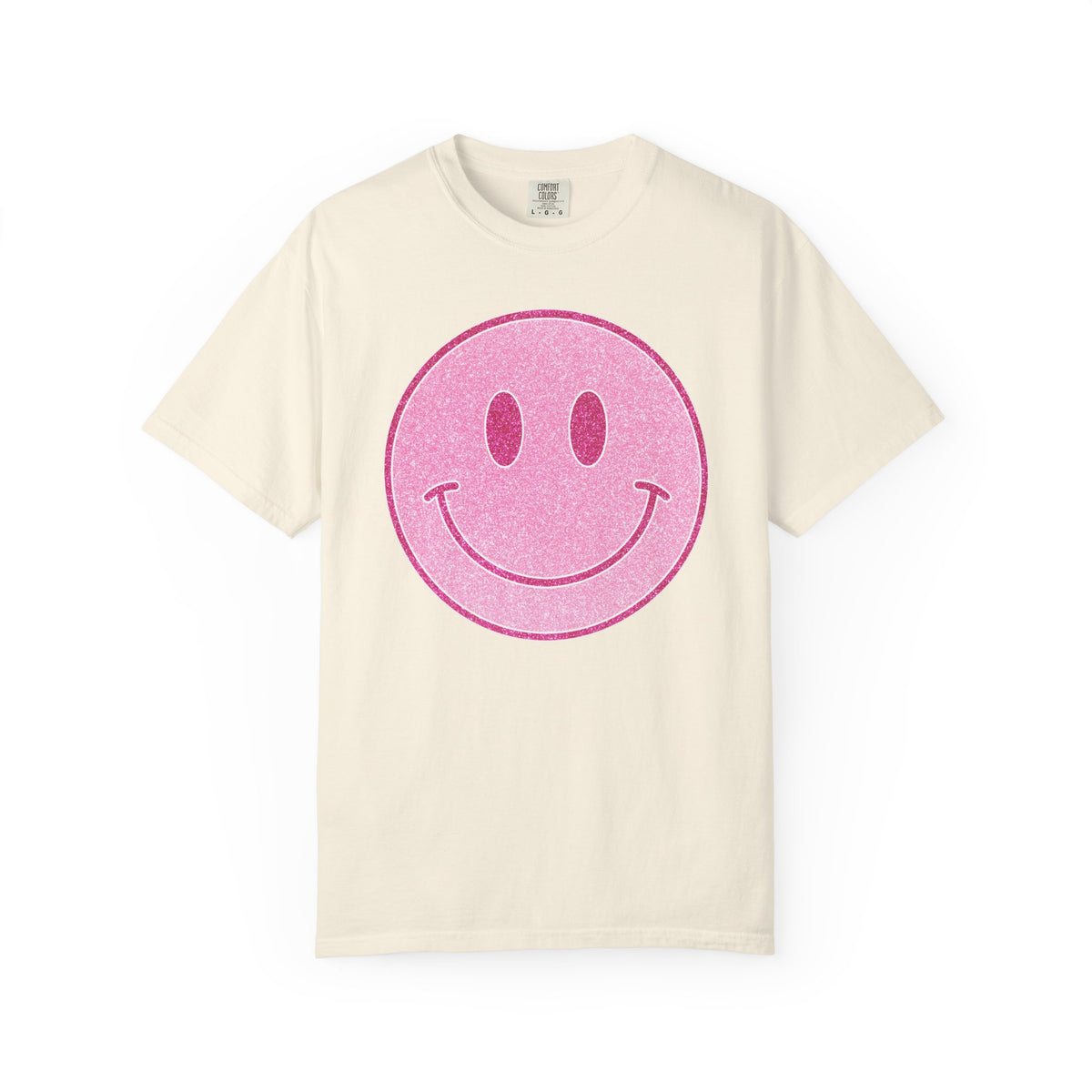 Faux Glitter Smiley - Comfort Colors | Trendy Women's T-Shirt. Direct to Garment. Printed & Shipped in the USA. Unisex Sizes.