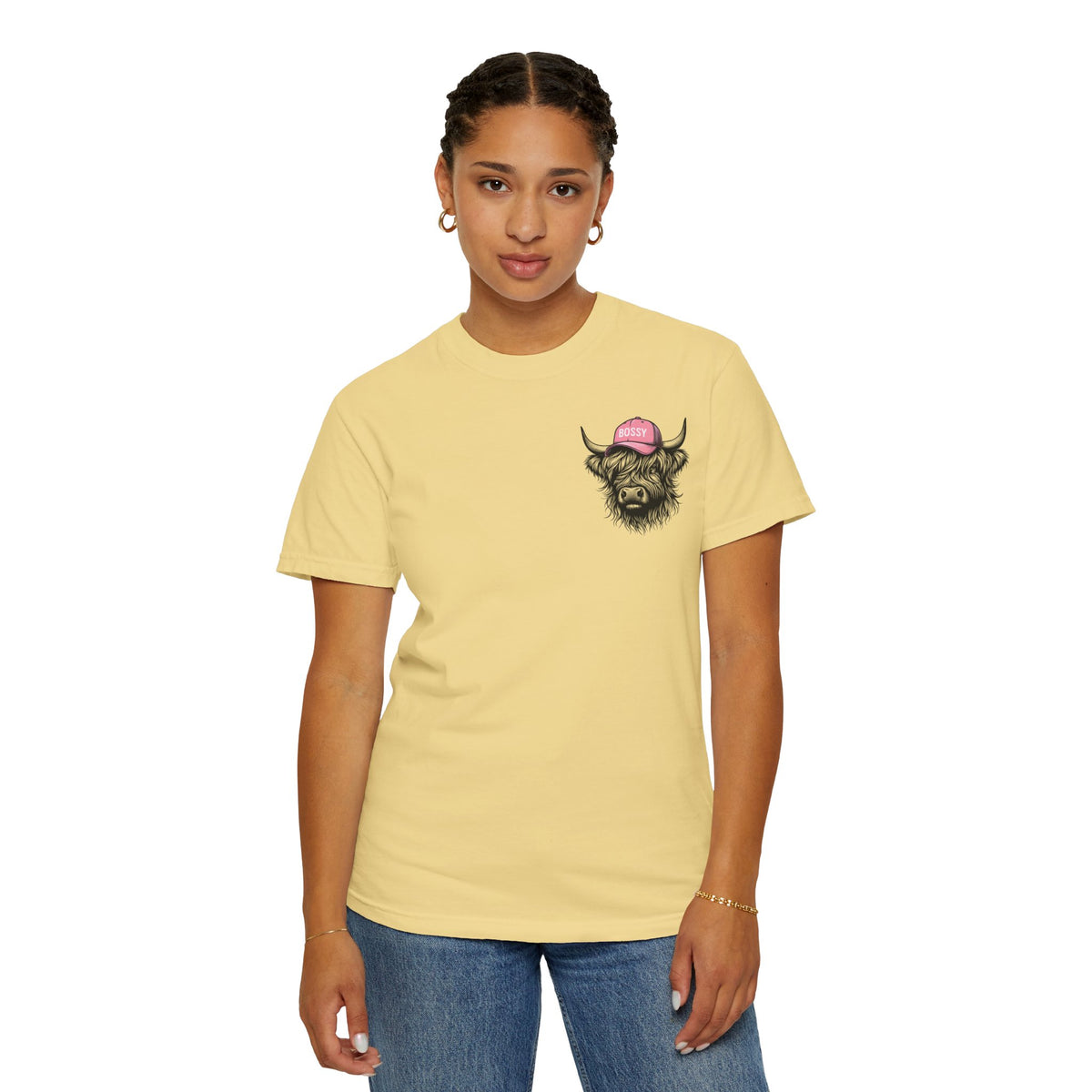 Head Heffa Highland Cow, Front & Back Print - Comfort Colors | Trendy Women's T-Shirt. Direct to Garment. Printed & Shipped in the USA. Unisex Sizes.