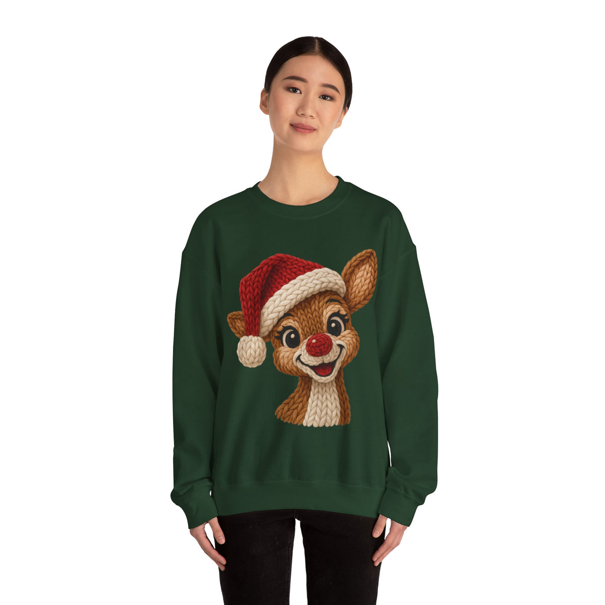 Cute Rudolph Faux Knit Look Reindeer w/Santa Hat – Gildan Heavy Blend | Trendy Women’s Soft Sweatshirt. Direct to Garment. Printed & Shipped in the USA. Unisex Sizes.