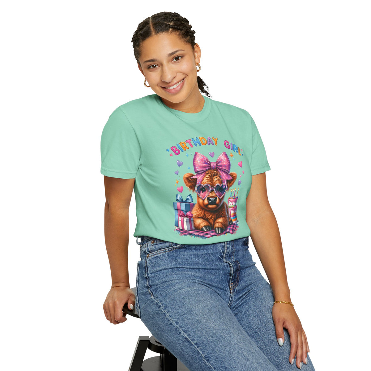 Birthday Girl, Highland Cow - Comfort Colors | Trendy Women's T-Shirt. Direct to Garment. Printed & Shipped in the USA. Unisex Sizes.