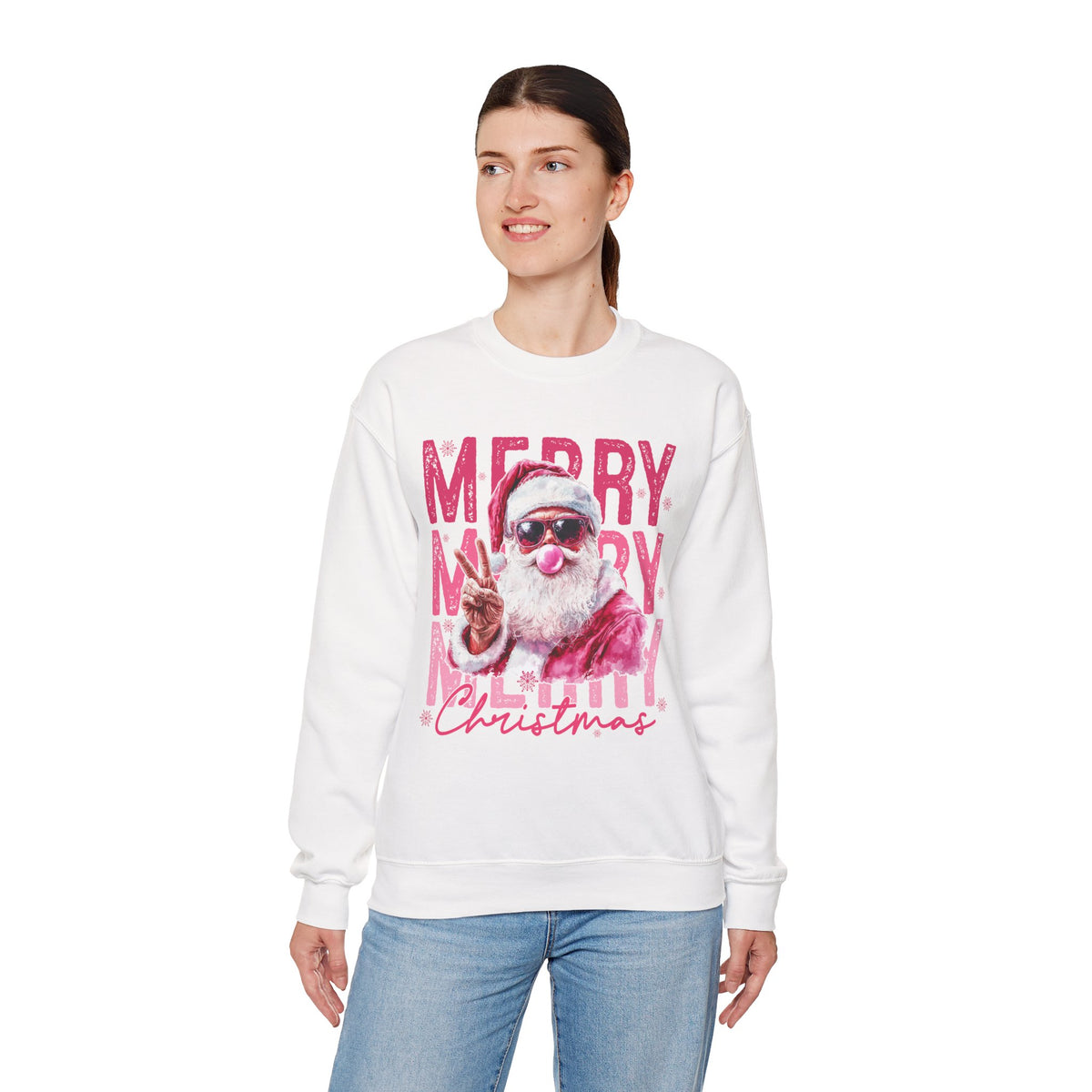 Pink Merry Christmas Bubblegum Santa – Gildan Heavy Blend | Trendy Women’s Soft Sweatshirt. Direct to Garment. Printed & Shipped in the USA. Unisex Sizes.
