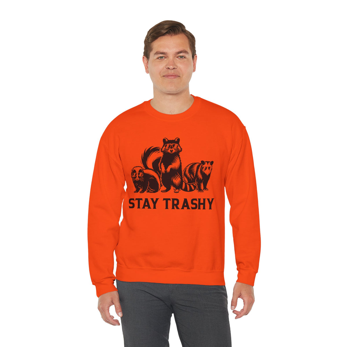 Stay Trashy, Skunk Raccoon Possum – Gildan Heavy Blend | Trendy Women’s and Men's Soft Sweatshirt. Direct to Garment. Printed & Shipped in the USA. Unisex Sizes.