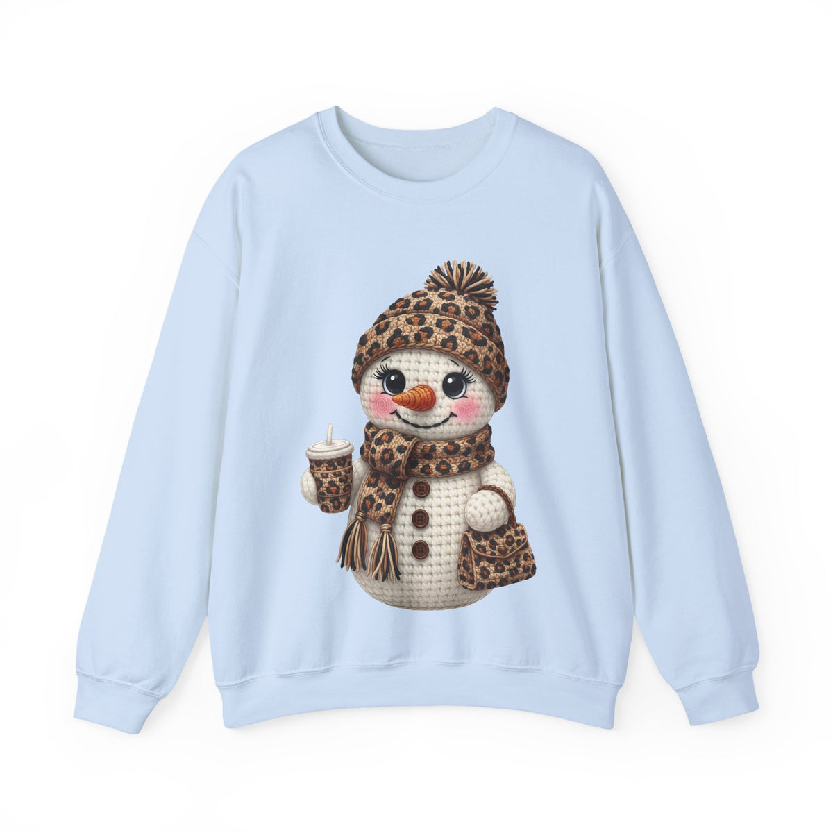 Leopard Snowman - Leopard Purse, Drink, Hat & Scarf – Gildan Heavy Blend | Trendy Women’s Soft Sweatshirt. Direct to Garment. Printed & Shipped in the USA. Unisex Sizes.