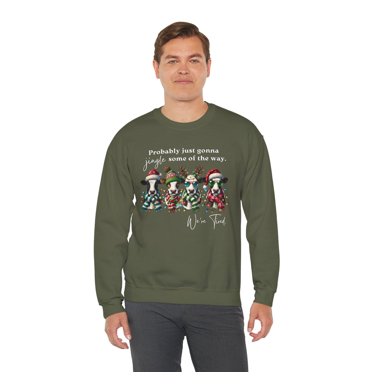 Christmas Cows - Probably Just Gonna Jingle Some Of The Way – Gildan Heavy Blend | Trendy Women’s and Men's Soft Sweatshirt. Direct to Garment. Printed & Shipped in the USA. Unisex Sizes.