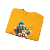 Winter Baby Highland Cow with Cocoa – Gildan Heavy Blend | Trendy Women’s Soft Sweatshirt. Direct to Garment. Printed & Shipped in the USA. Unisex Sizes.