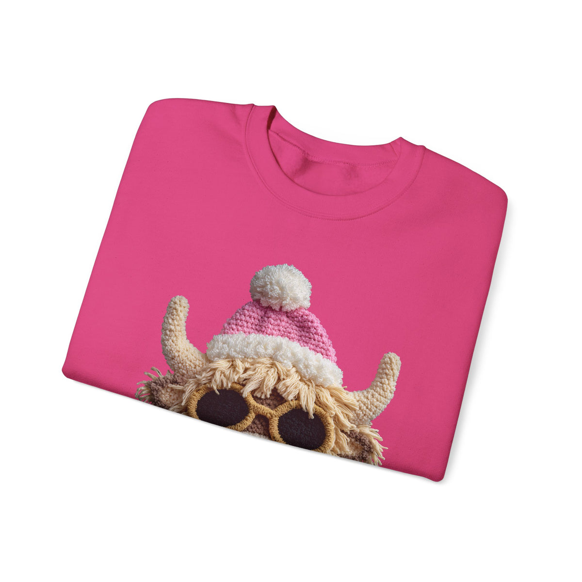 Faux Crochet Highland Cow Bubblegum – Gildan Heavy Blend | Trendy Women’s Soft Sweatshirt. Direct to Garment. Printed & Shipped in the USA. Unisex Sizes.