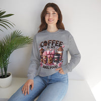 Coffee Is My Soul Food, Iced Coffee, Pink Bow – Gildan Heavy Blend | Trendy Women’s Soft Sweatshirt. Direct to Garment. Printed & Shipped in the USA. Unisex Sizes.