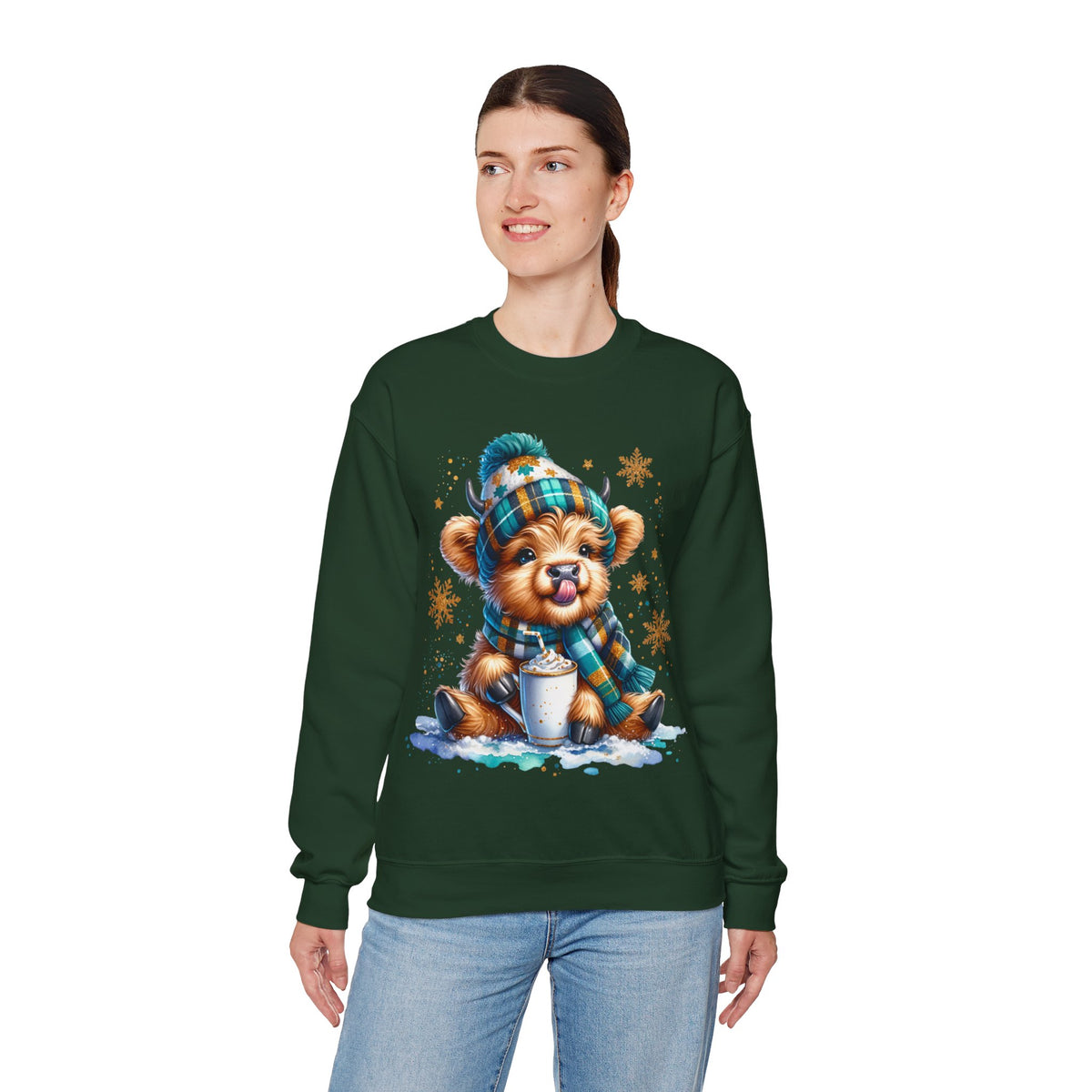 Winter Baby Highland Cow with Cocoa – Gildan Heavy Blend | Trendy Women’s Soft Sweatshirt. Direct to Garment. Printed & Shipped in the USA. Unisex Sizes.