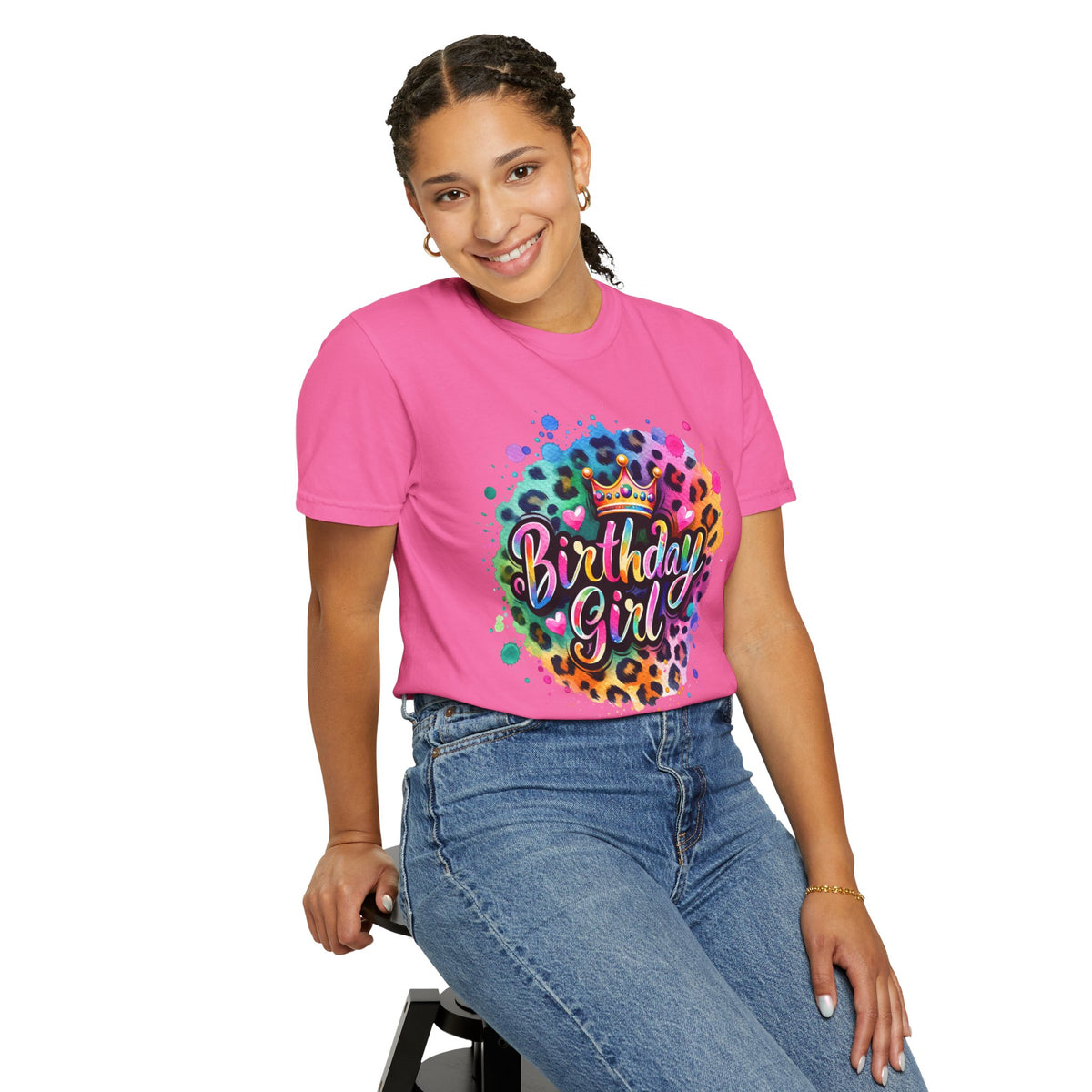 Birthday Girl, Neon Leopard - Comfort Colors | Trendy Women's T-Shirt. Direct to Garment. Printed & Shipped in the USA. Unisex Sizes.