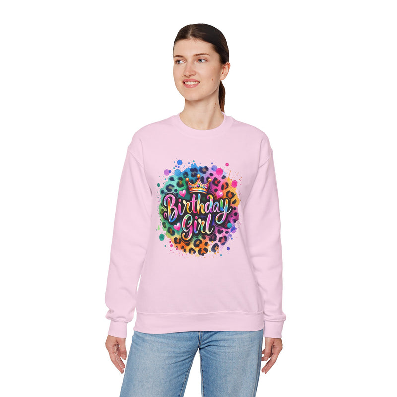 Birthday Girl, Neon Leopard – Gildan Heavy Blend | Trendy Women’s Soft Sweatshirt. Direct to Garment. Printed & Shipped in the USA. Unisex Sizes.