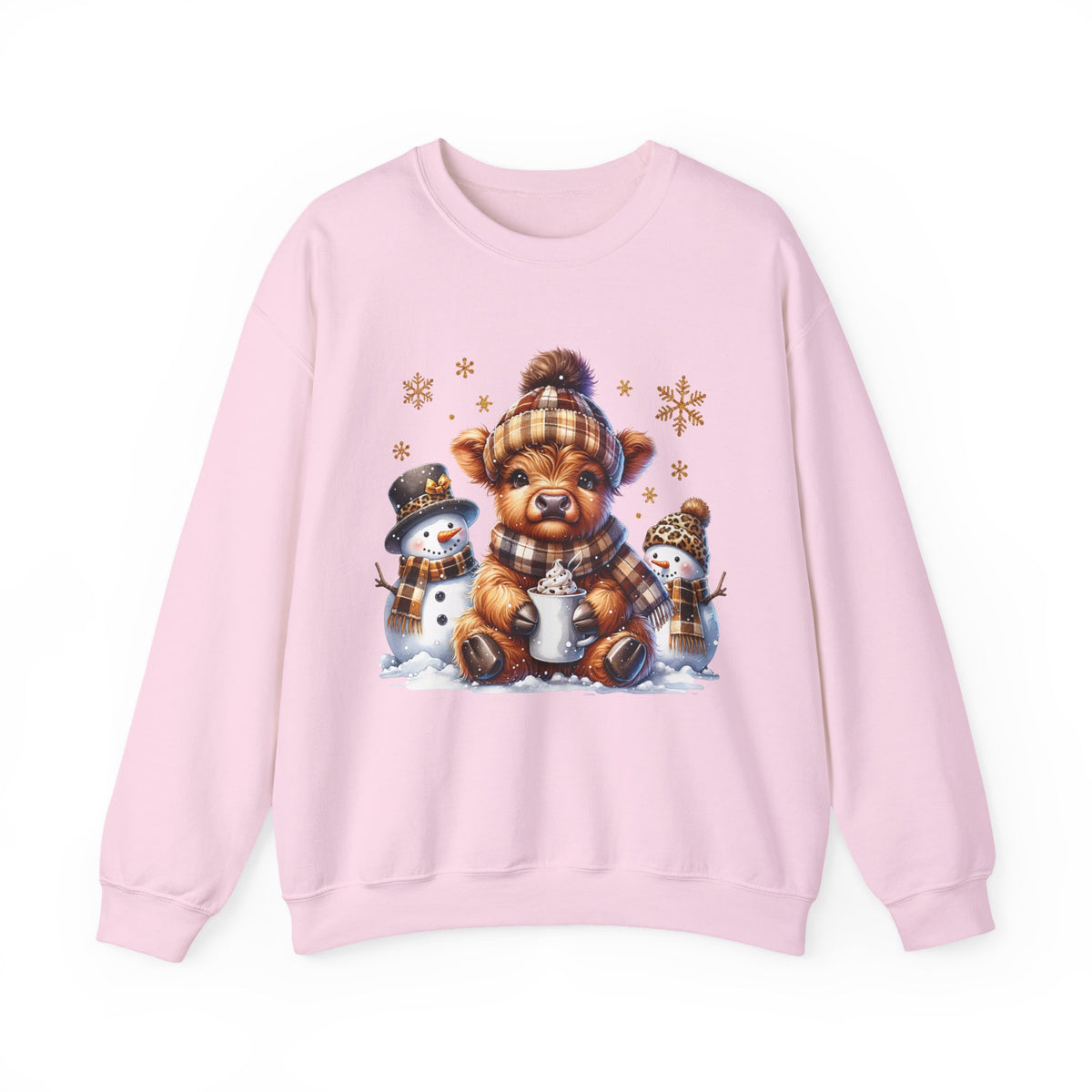 Cute Highland Cow with Snowmen, Winter – Gildan Heavy Blend | Trendy Women’s Soft Sweatshirt. Direct to Garment. Printed & Shipped in the USA. Unisex Sizes.