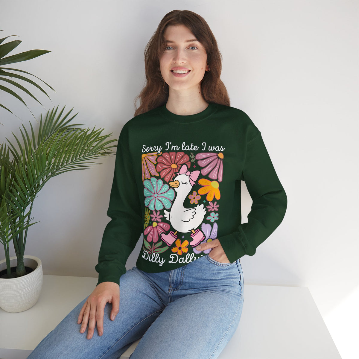 Sorry I'm Late I Was Dilly Dallying Cute Floral Duck – Gildan Heavy Blend | Trendy Women’s Soft Sweatshirt. Direct to Garment. Printed & Shipped in the USA. Unisex Sizes.