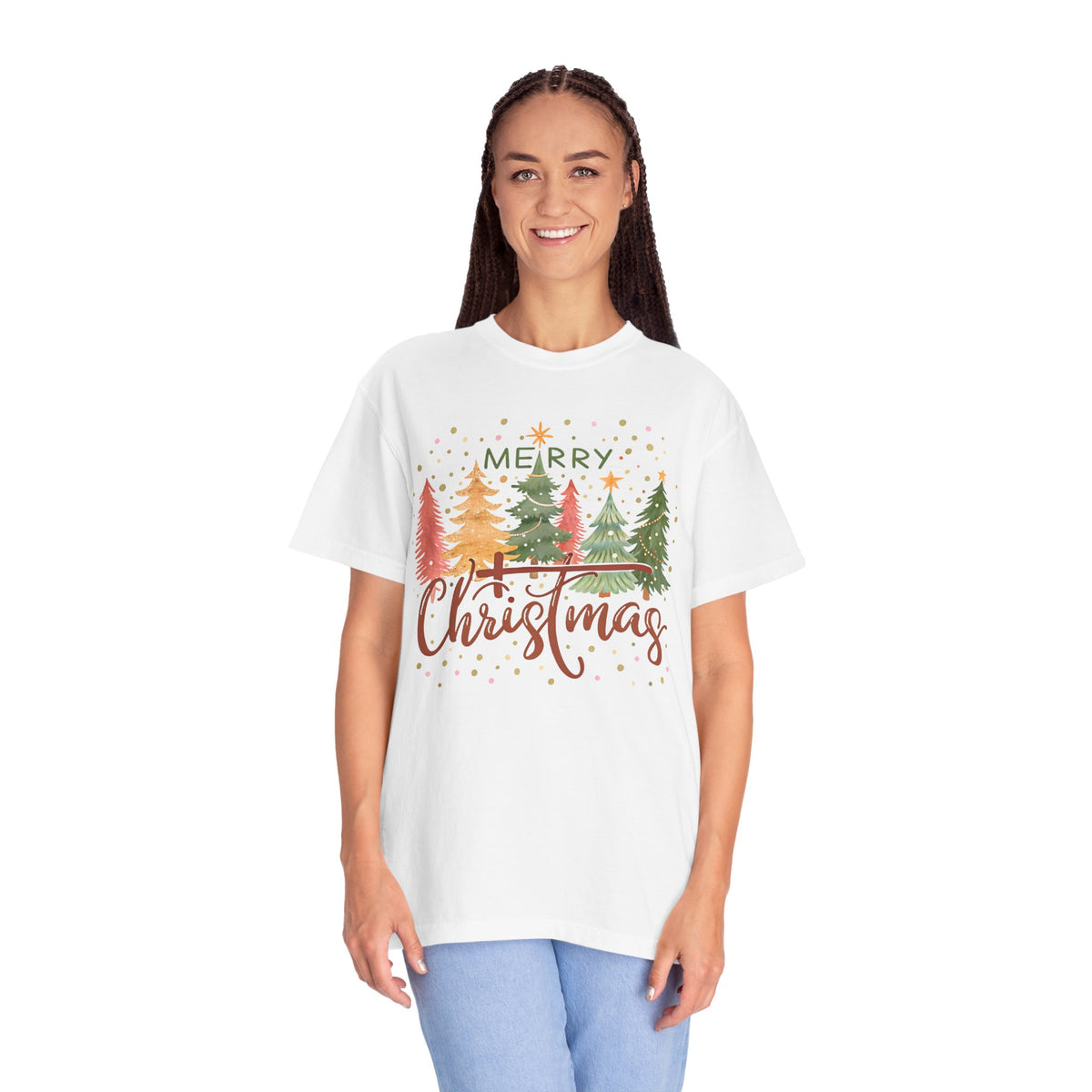 Merry ChrisTmas - Christian Faith - Comfort Colors | Trendy Women's T-Shirt. Direct to Garment. Printed & Shipped in the USA. Unisex Sizes.