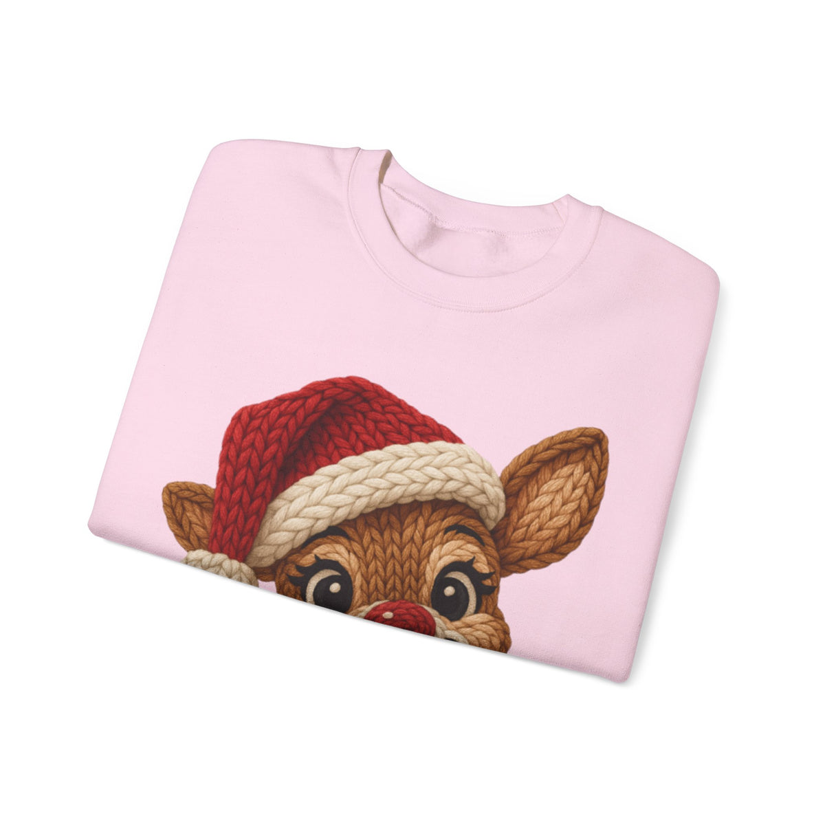 Cute Rudolph Faux Knit Look Reindeer w/Santa Hat – Gildan Heavy Blend | Trendy Women’s Soft Sweatshirt. Direct to Garment. Printed & Shipped in the USA. Unisex Sizes.