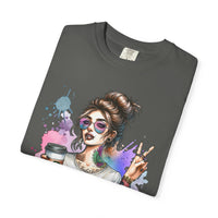 Cool Mombie with Coffee Peace Tattoo - Comfort Colors | Trendy Women's T-Shirt. Direct to Garment. Printed & Shipped in the USA. Unisex Sizes.