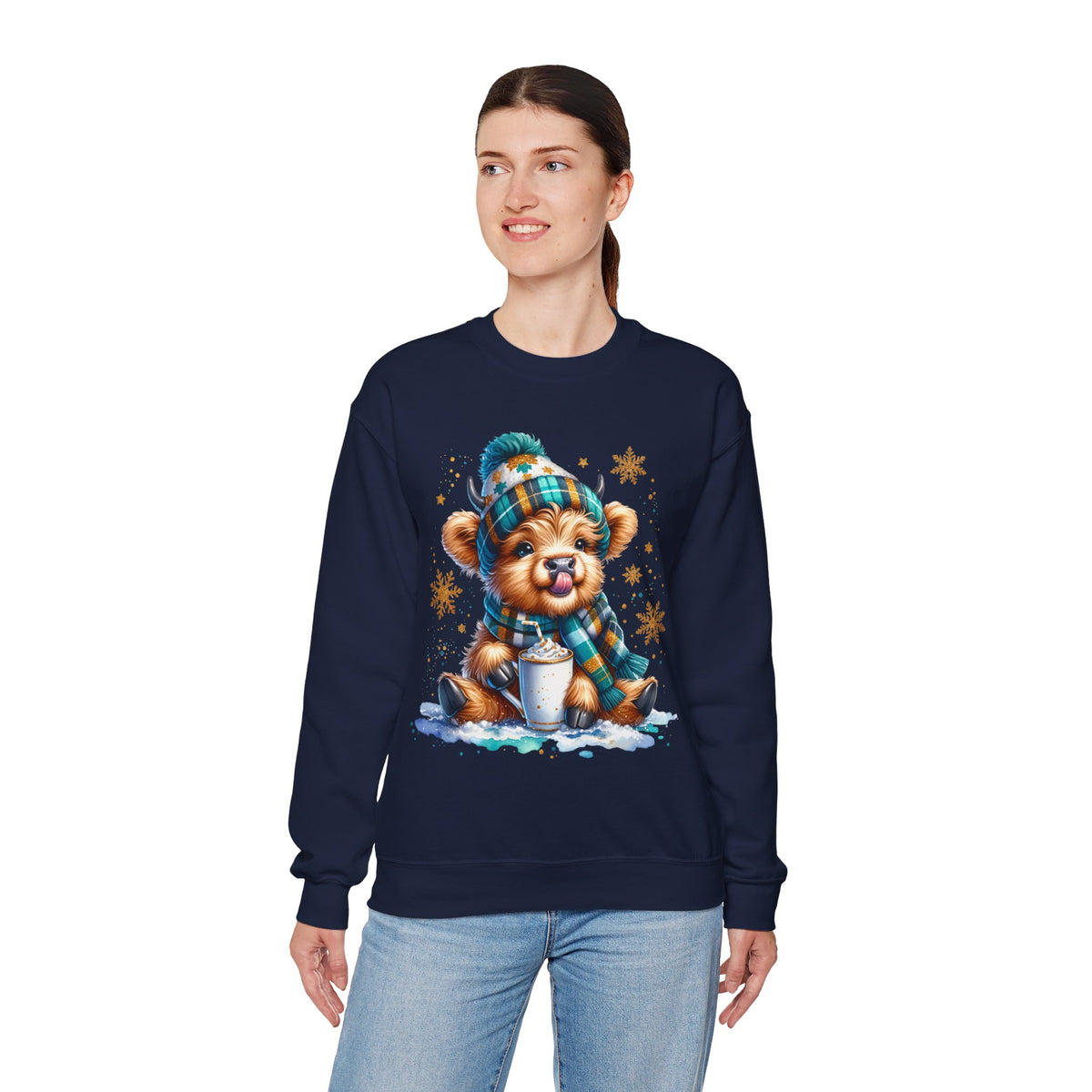 Winter Baby Highland Cow with Cocoa – Gildan Heavy Blend | Trendy Women’s Soft Sweatshirt. Direct to Garment. Printed & Shipped in the USA. Unisex Sizes.