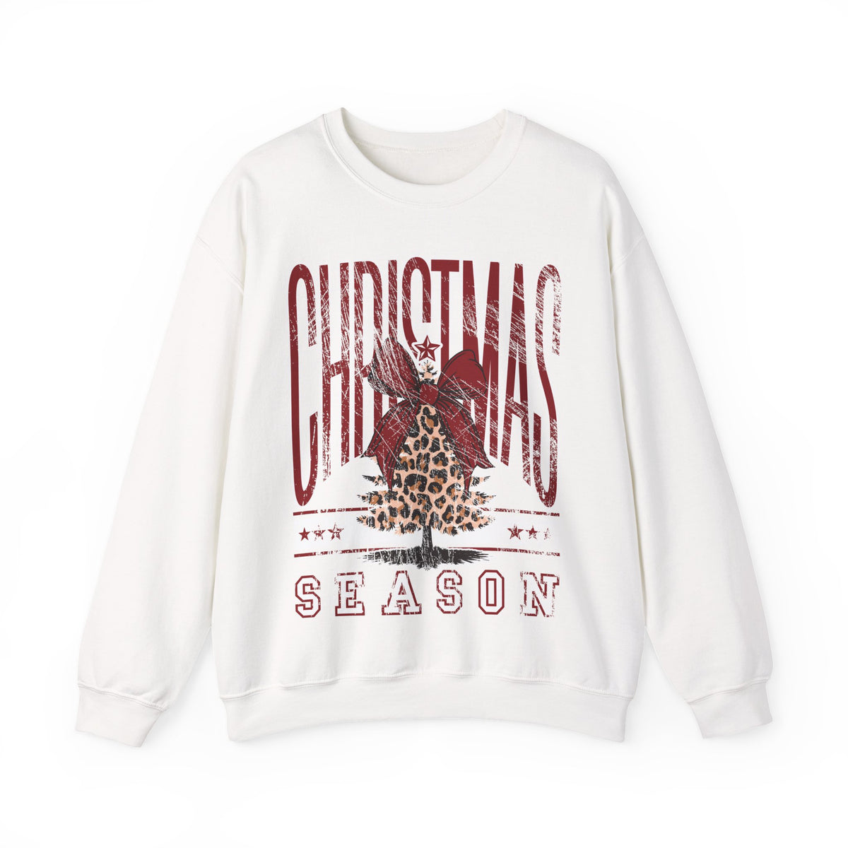 Christmas Season Leopard Tree Distressed – Gildan Heavy Blend | Trendy Women’s Soft Sweatshirt. Direct to Garment. Printed & Shipped in the USA. Unisex Sizes.