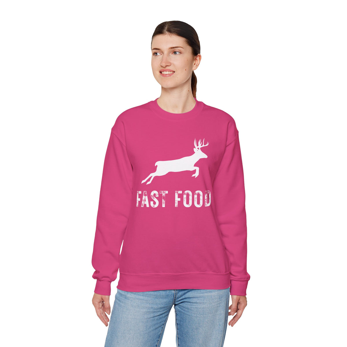 Fast Food Deer Hunting Humor Distressed – Gildan Heavy Blend | Trendy Men's and Women’s Soft Sweatshirt. Direct to Garment. Printed & Shipped in the USA. Unisex Sizes.