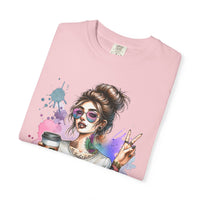 Cool Mombie with Coffee Peace Tattoo - Comfort Colors | Trendy Women's T-Shirt. Direct to Garment. Printed & Shipped in the USA. Unisex Sizes.