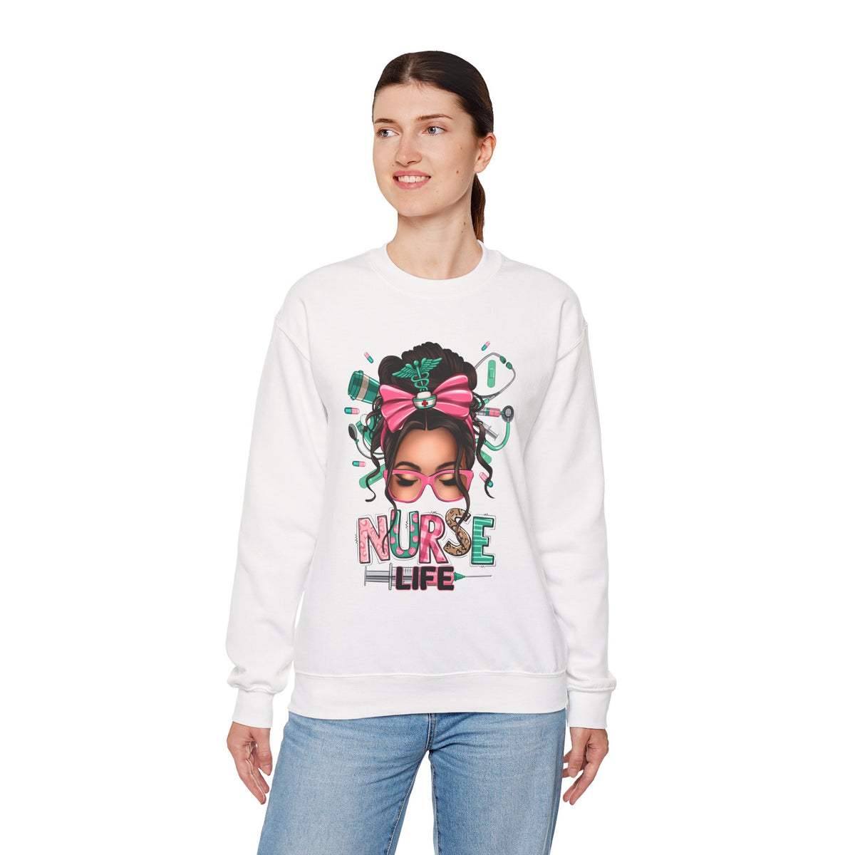 Nurse Life Messy Bun, Cute Stethescope & Syringe – Gildan Heavy Blend | Trendy Women’s Soft Sweatshirt. Direct to Garment. Printed & Shipped in the USA. Unisex Sizes.