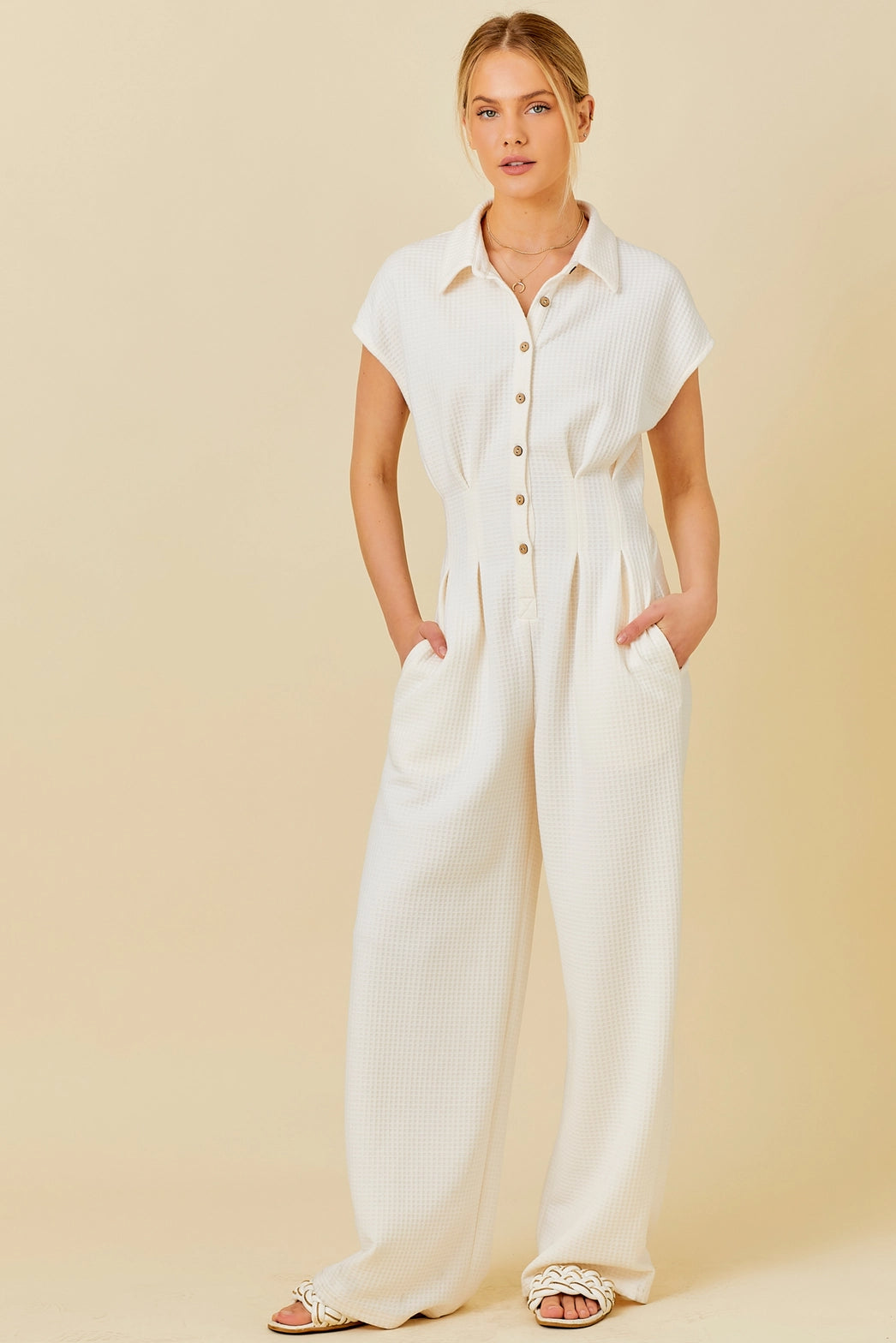 Waffle Knit Pintuck (Ivory) Jumpsuit w/ Peek-A-Boo Back