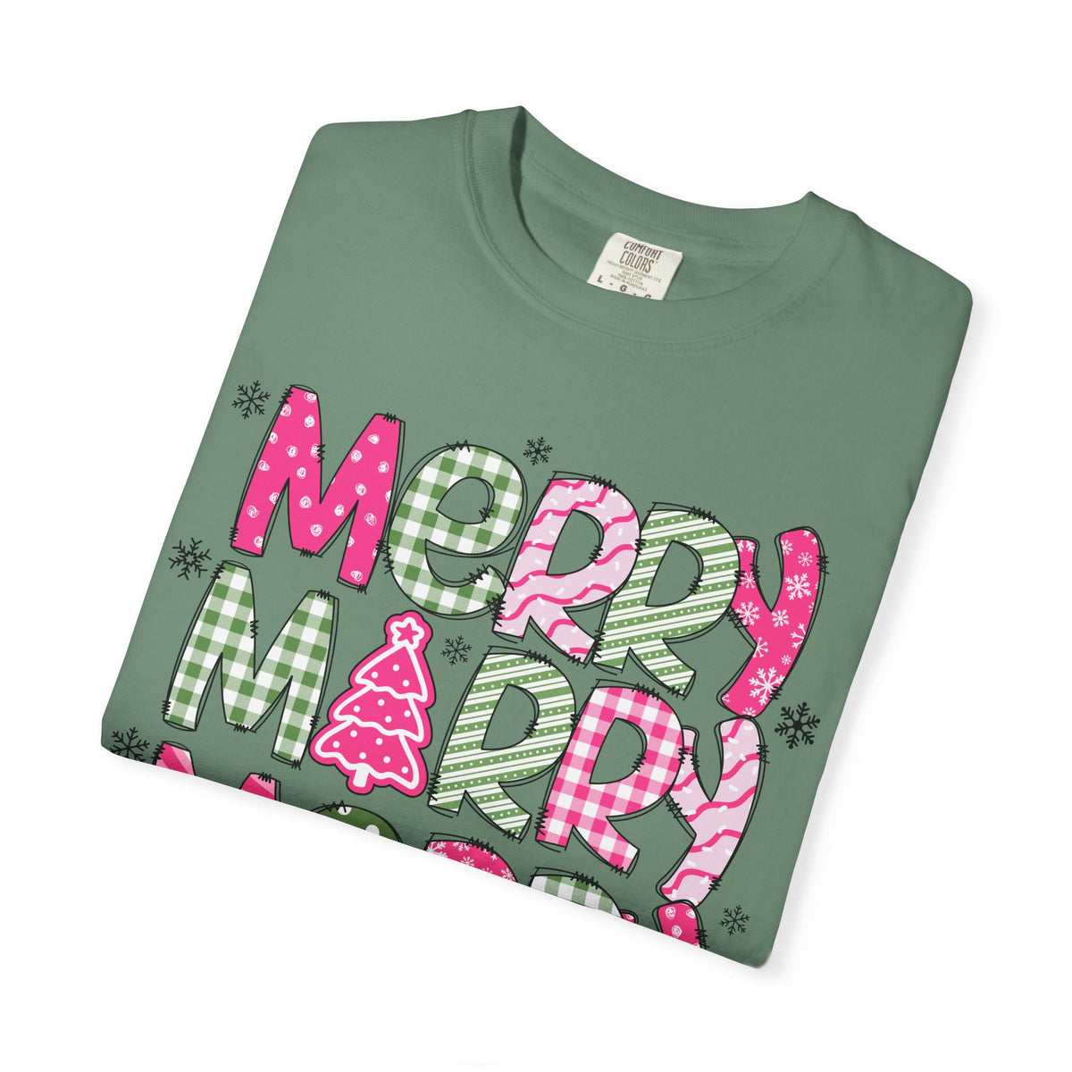 Merry Merry Merry Christmas, Festive Candy Cane & Pink and Green Plaid - Comfort Colors | Trendy Women's T-Shirt. Direct to Garment. Printed & Shipped in the USA. Unisex Sizes.