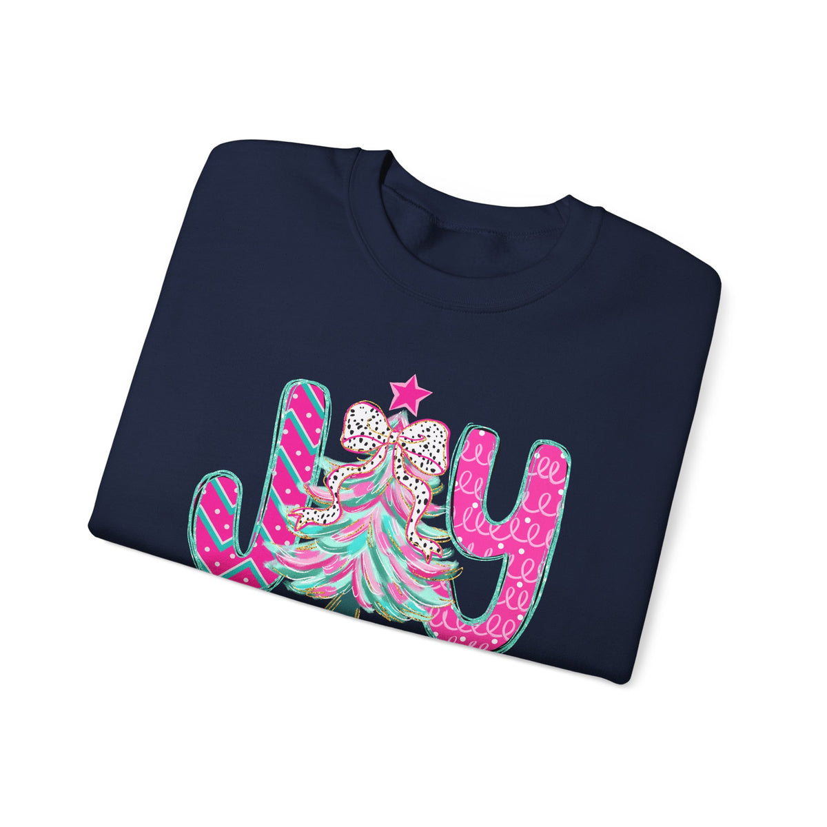 Joy to the World w/Christmas Tree Pink and Teal – Gildan Heavy Blend | Trendy Women’s Soft Sweatshirt. Direct to Garment. Printed & Shipped in the USA. Unisex Sizes.