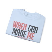 When God Made Me "This'll Be Fun" Christian Faith Distressed – Gildan Heavy Blend | Trendy Women’s and Men's Soft Sweatshirt. Direct to Garment. Printed & Shipped in the USA. Unisex Sizes.