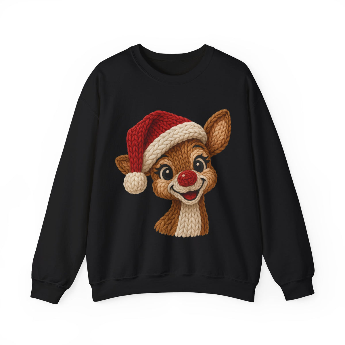 Cute Rudolph Faux Knit Look Reindeer w/Santa Hat – Gildan Heavy Blend | Trendy Women’s Soft Sweatshirt. Direct to Garment. Printed & Shipped in the USA. Unisex Sizes.