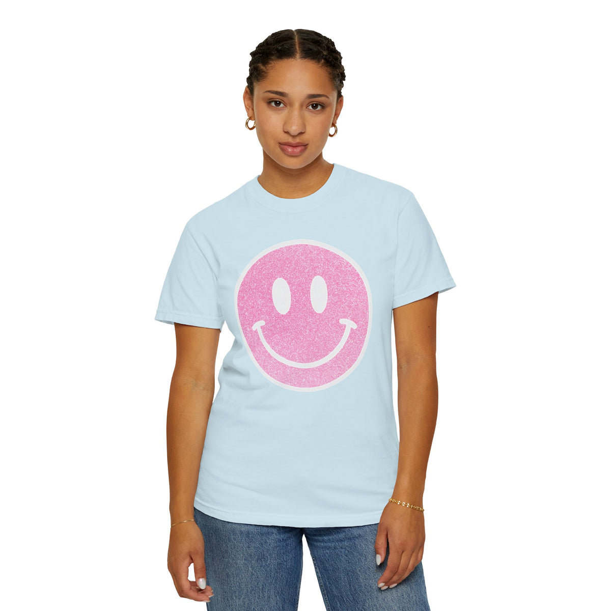 Faux Glitter Smiley - Comfort Colors | Trendy Women's T-Shirt. Direct to Garment. Printed & Shipped in the USA. Unisex Sizes.