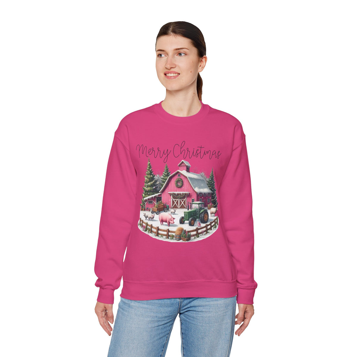 Merry Christmas Pink Barn Farm Animals – Gildan Heavy Blend | Trendy Women’s Soft Sweatshirt. Direct to Garment. Printed & Shipped in the USA. Unisex Sizes.