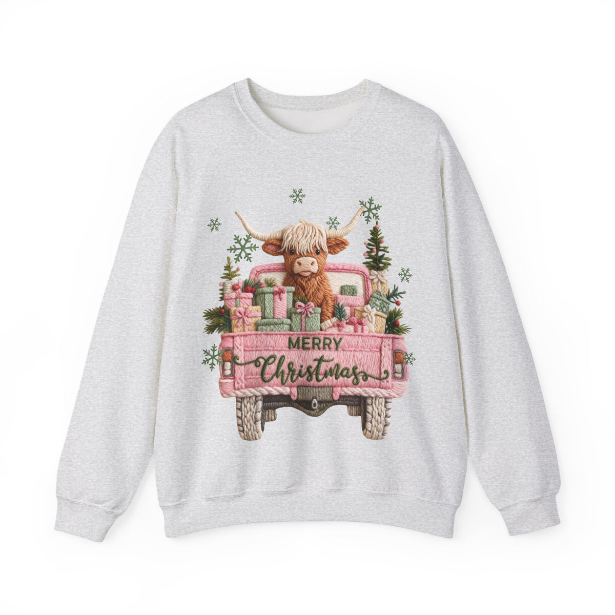 Highland Cow in Pink Truck Merry Christmas Holiday Farmhouse – Gildan Heavy Blend | Trendy Women’s Soft Sweatshirt. Direct to Garment. Printed & Shipped in the USA. Unisex Sizes.