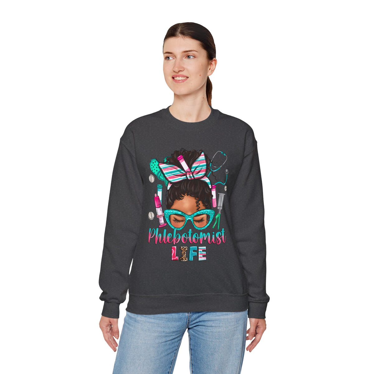 Phlebotomist Life, Messy Bun – Gildan Heavy Blend | Trendy Women’s Soft Sweatshirt. Direct to Garment. Printed & Shipped in the USA. Unisex Sizes.
