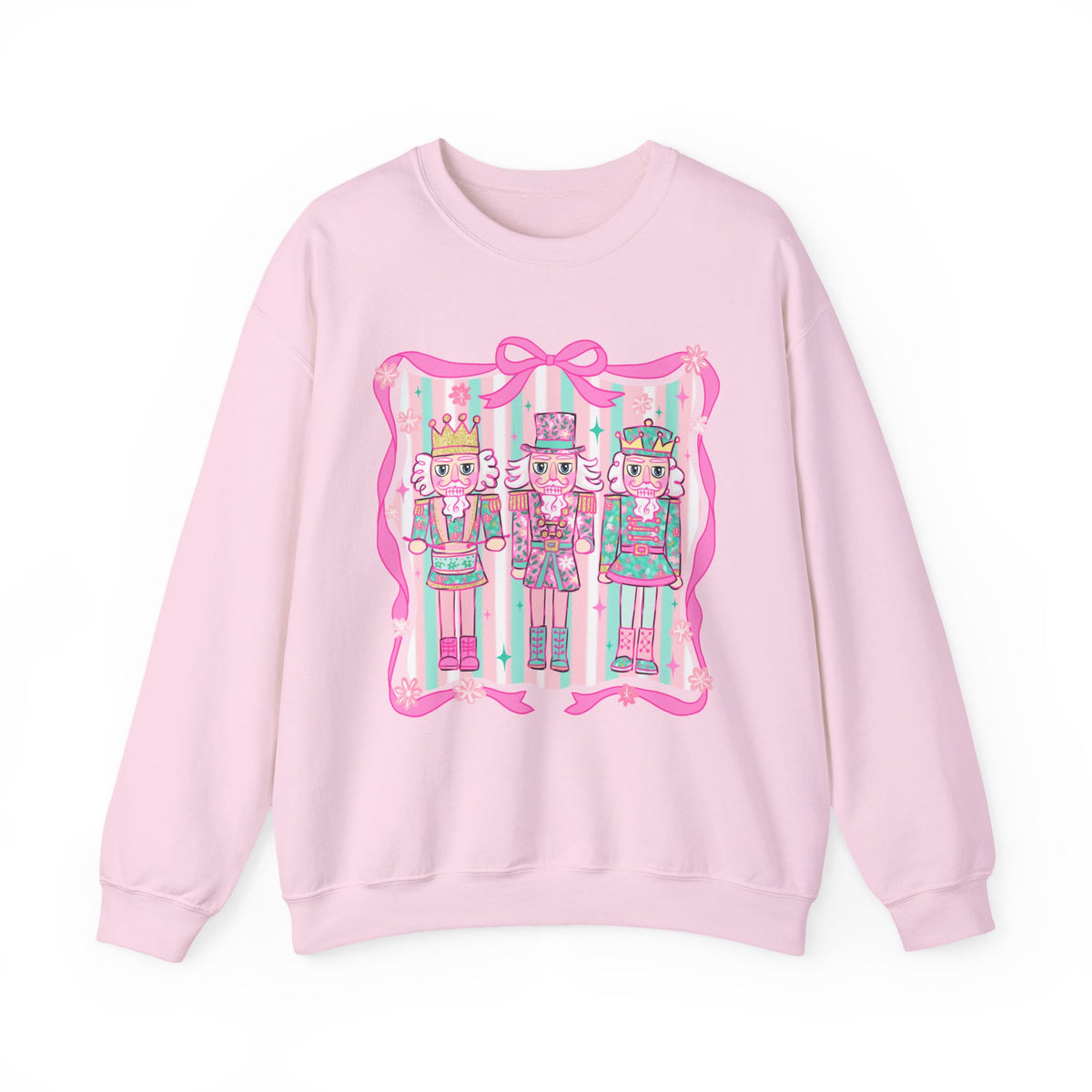 Coquette Pastel Christmas Nutcracker Trio Pink and Green – Gildan Heavy Blend | Trendy Women’s Soft Sweatshirt. Direct to Garment. Printed & Shipped in the USA. Unisex Sizes.